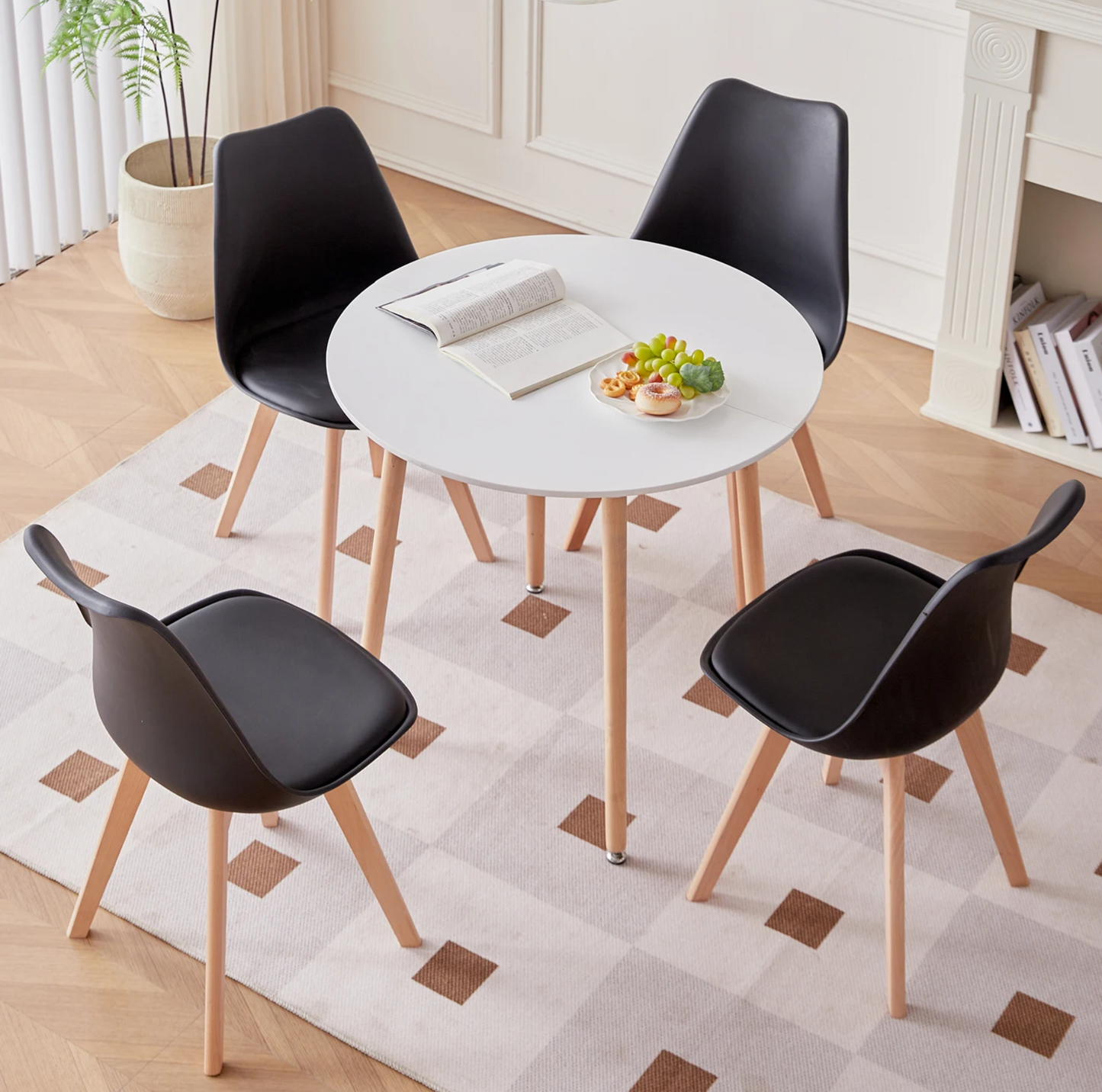Set van 4 Nordic Eetkamerstoelen – Ergonomisch Design met Massief Houten Poten en Gewatteerde PU Zitting – Modern, Comfortabel en Stijlvol voor Woonkamer, Eetkamer of Kantoor