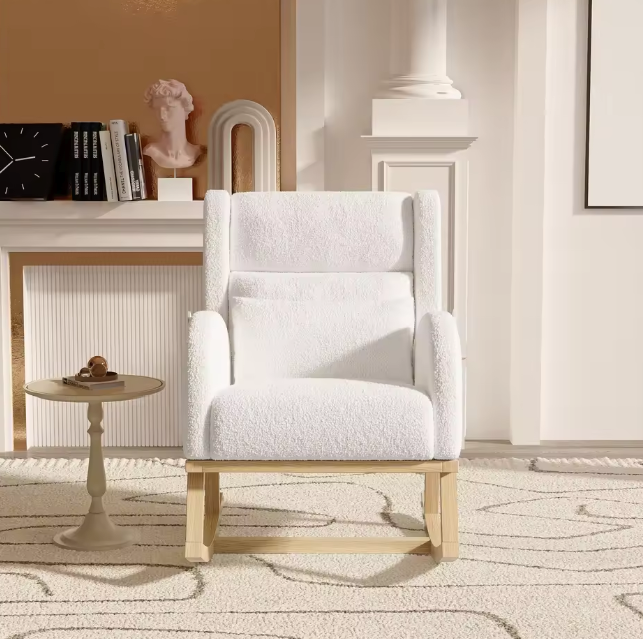 Witte Schommelstoel – Gestoffeerde Fauteuil met Hoge Rugleuning en Zijvakken – Comfortabele Loungefauteuil van Lamswol – Voor Woonkamer of Slaapkamer