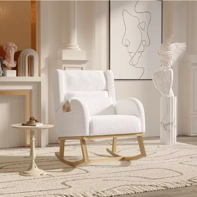 Witte Schommelstoel – Gestoffeerde Fauteuil met Hoge Rugleuning en Zijvakken – Comfortabele Loungefauteuil van Lamswol – Voor Woonkamer of Slaapkamer