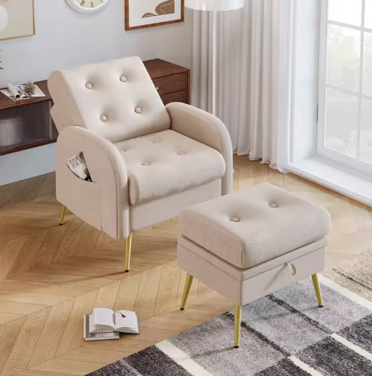 Beige Loungestoel met Voetensteun en Opbergruimte – Verstelbare Rugleuning en Zijvakken
