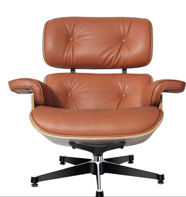 Klassieke Draaibare Lounge Fauteuil – Walnoothout & Bruin Koeienleer, 360° Rotatie