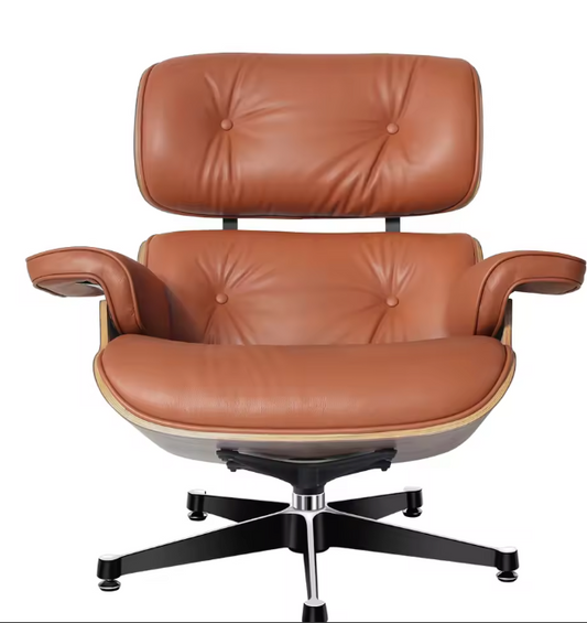 Klassieke Draaibare Lounge Fauteuil – Walnoothout & Bruin Koeienleer, 360° Rotatie