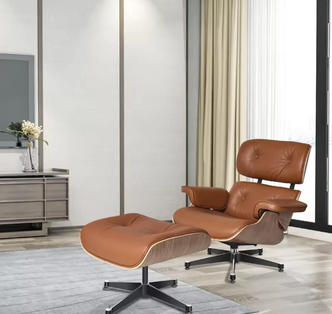 Klassieke Draaibare Lounge Fauteuil – Walnoothout & Bruin Koeienleer, 360° Rotatie