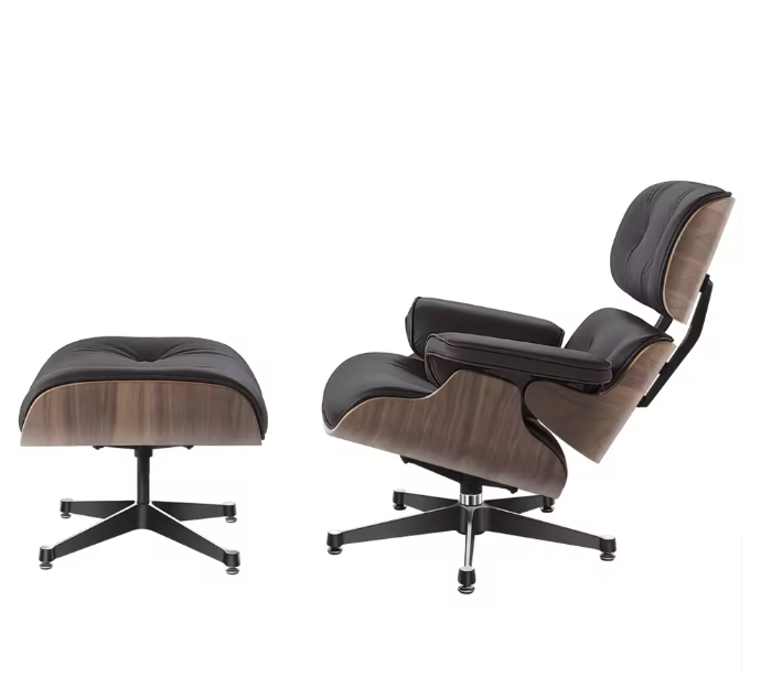 Klassieke Draaibare Lounge Fauteuil – Walnoothout & Donkerbruine Koeienhuid, 360° Rotatie