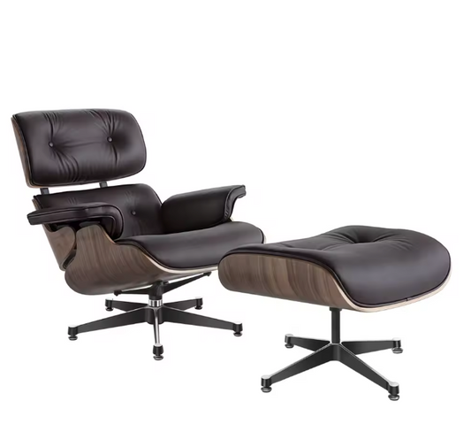 Klassieke Draaibare Lounge Fauteuil – Walnoothout & Donkerbruine Koeienhuid, 360° Rotatie