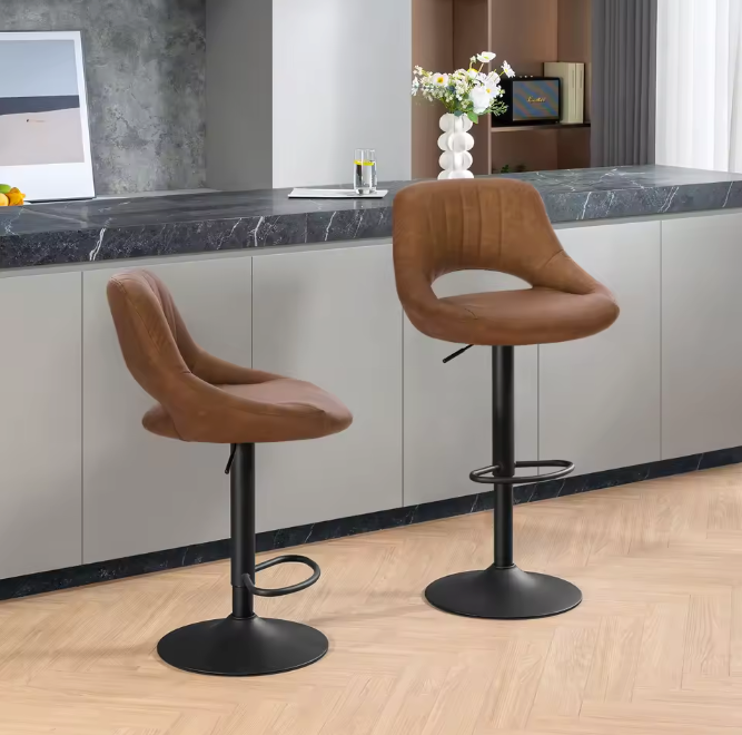 Set van 2 Verstelbare Barkrukken – Kunstleer, 360° Draaibaar met Rugleuning en Voetsteun