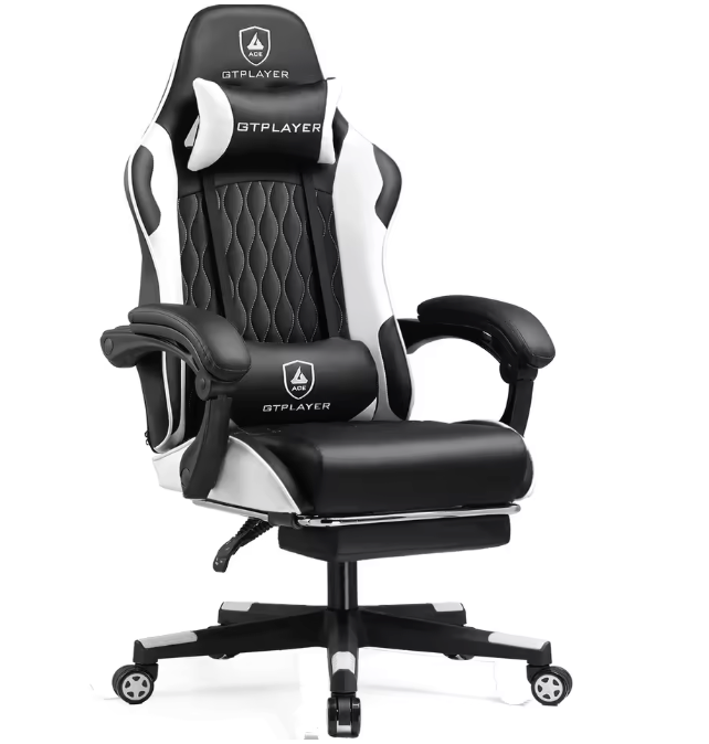 Ergonomische Gamingstoel – Verstelbare Rugleuning, Voetensteun & Lendenkussen, Draaibaar en Comfortabel