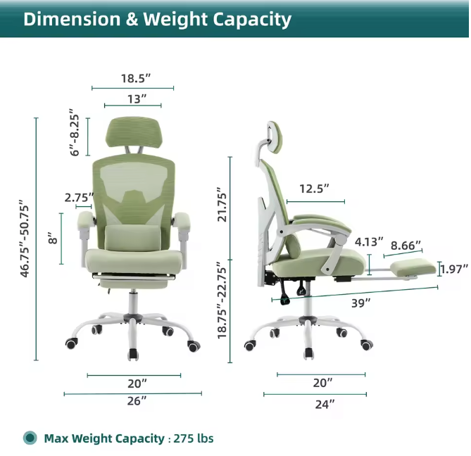 Ergonomische Draaistoel – Ligfunctie – Mesh Rug – Lendensteun & Voetsteun