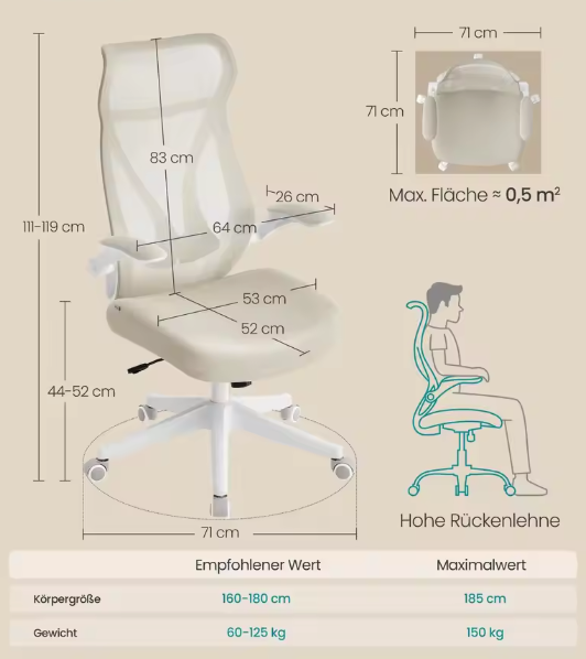 Ergonomische Bureaustoel Ivoor – Opklapbare Armleuningen – Met Hoofdsteun