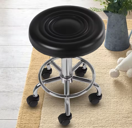 Verstelbare Zwarte Kruk – 33 cm – Met Wielen en Voetsteun – 150 kg