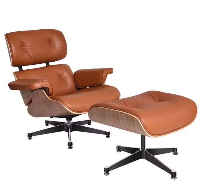 Klassieke Lounge Fauteuil – Walnoothout & Lichtbruine Natuurlijke Koeienhuid, Grote Voet