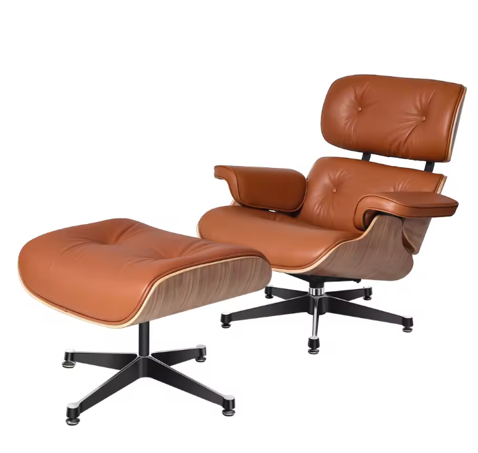 Klassieke Lounge Fauteuil – Walnoothout & Lichtbruine Natuurlijke Koeienhuid, Grote Voet