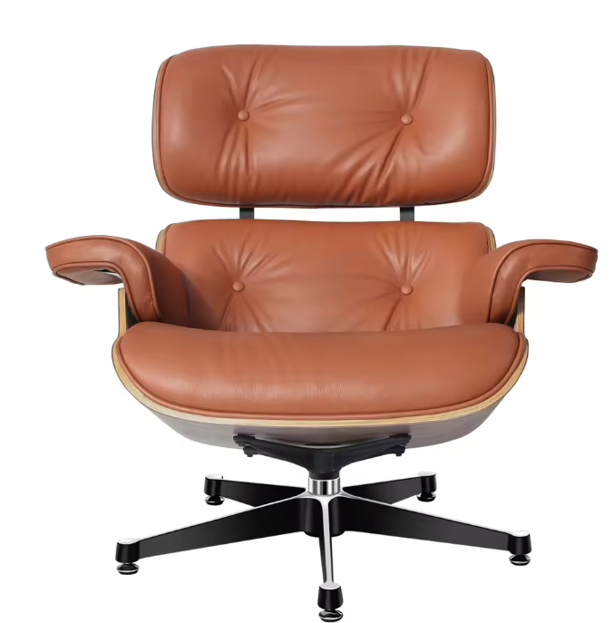 Klassieke Lounge Fauteuil – Walnoothout & Lichtbruine Natuurlijke Koeienhuid, Grote Voet