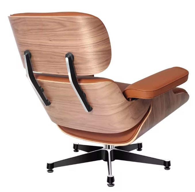 Klassieke Lounge Fauteuil – Walnoothout & Lichtbruine Natuurlijke Koeienhuid, Grote Voet