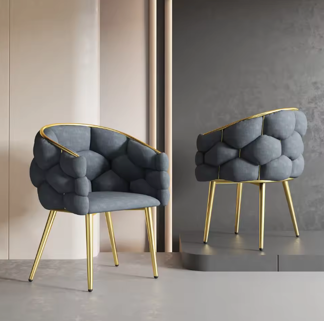 Luxe Fluwelen Eetkamerstoel Grijs/Groen/Beige – Gouden Poten & Ergonomisch Comfort