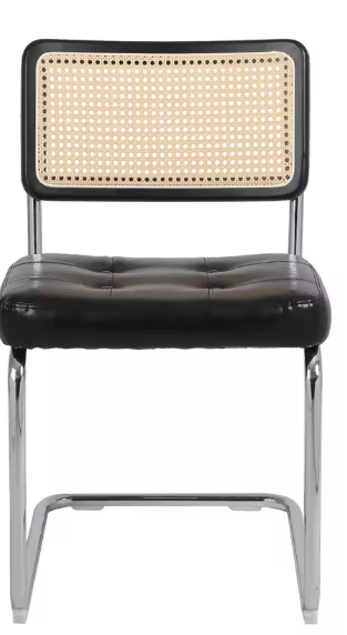 Set van 2 Zwarte Eetkamerstoelen – Gestoffeerde Zitting & Rotan Rugleuning, Metalen Frame en Ergonomisch Design