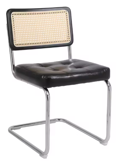 Set van 2 Zwarte Eetkamerstoelen – Gestoffeerde Zitting & Rotan Rugleuning, Metalen Frame en Ergonomisch Design