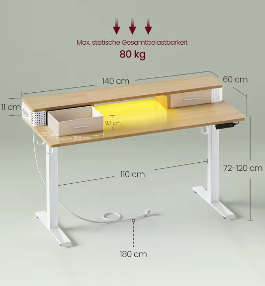 Elektrisch Zit-Sta Bureau 140 cm – Met USB, Lades & Monitorstand