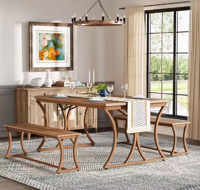 Eettafelset voor 4–6 Personen – Tafel met 2 Banken & Tafelloper