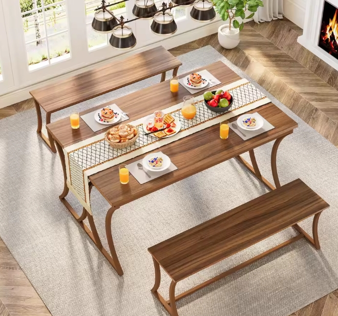 Eettafelset voor 4–6 Personen – Tafel met 2 Banken & Tafelloper