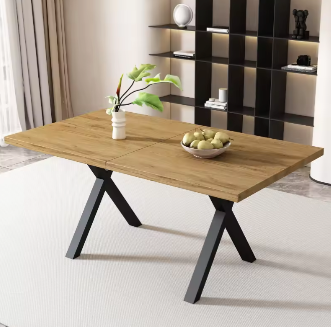 Moderne Eettafel met Kruispoten – Eiken Look & Zwart Metaal