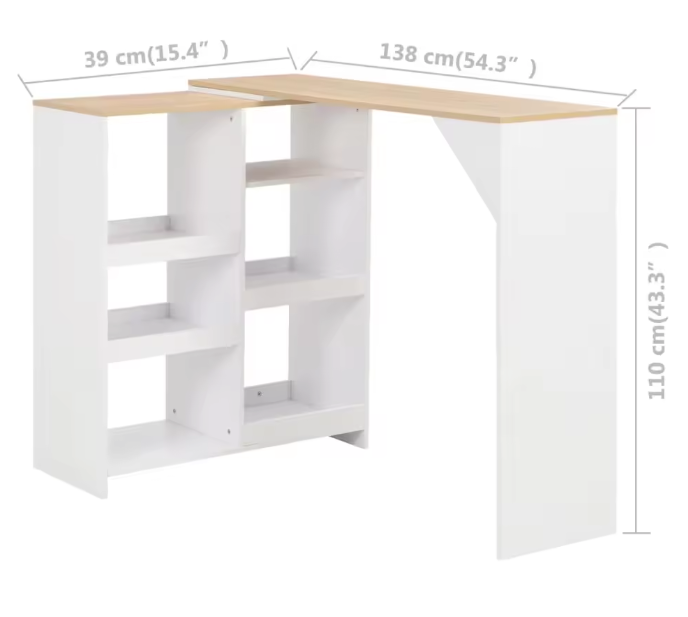 Moderne Bartafel met Afneembare Plank – 138×39×110 cm, Wit en Licht Hout
