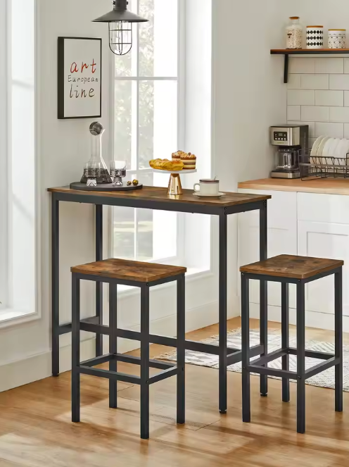 Industriële Bartafelset met 2 Krukken – Hout & Staal, Compact en Ruimtebesparend