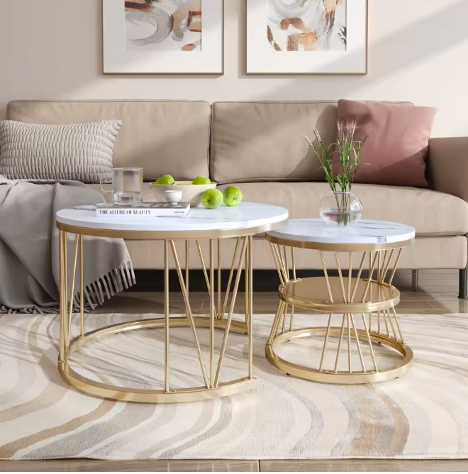 Ronde Salontafelset van 2 – Marmerlook & Gouden Frame