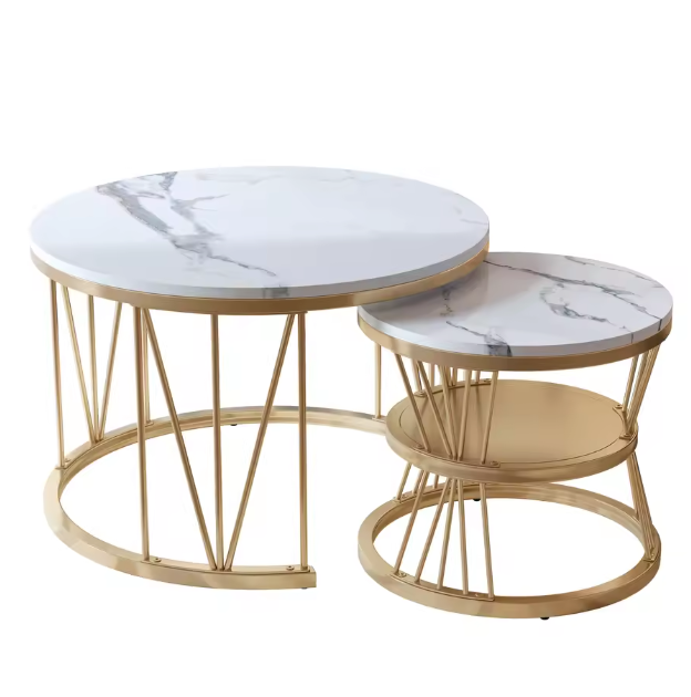 Ronde Salontafelset van 2 – Marmerlook & Gouden Frame