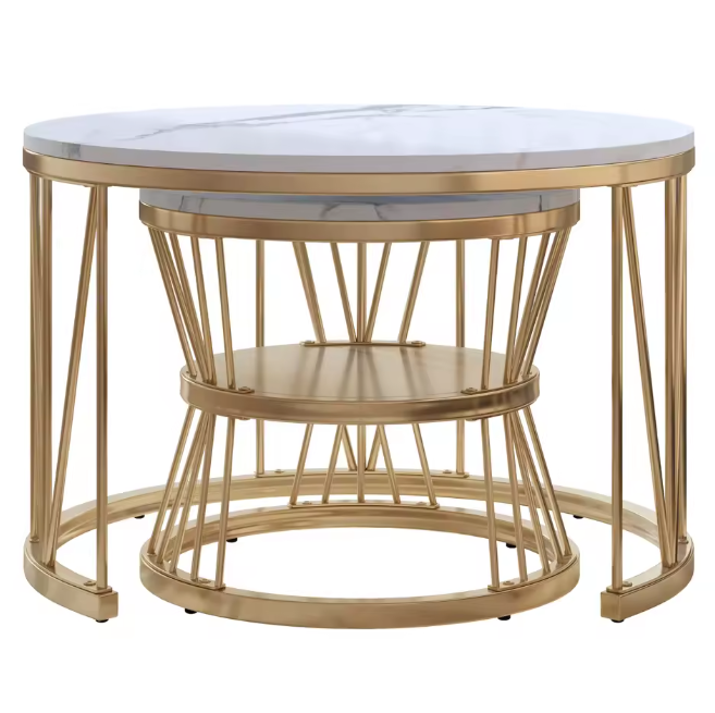 Ronde Salontafelset van 2 – Marmerlook & Gouden Frame