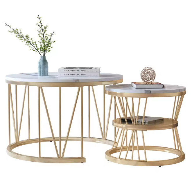 Ronde Salontafelset van 2 – Marmerlook & Gouden Frame