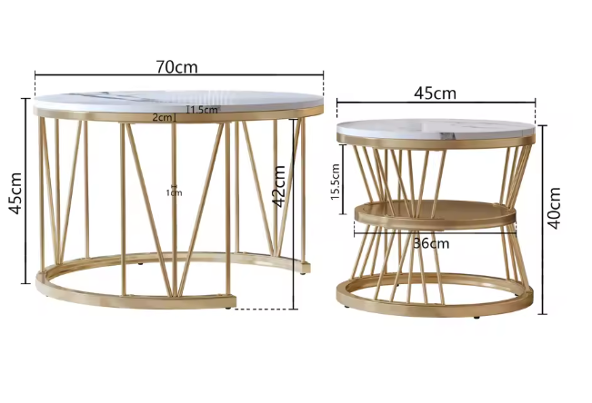 Ronde Salontafelset van 2 – Marmerlook & Gouden Frame