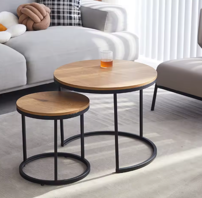 Set van 2 Scandinavische Salontafels – Ronde Tafels met Metaal & Hout, Stapelbaar en Modern