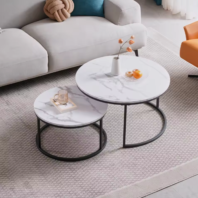 2-delige Ronde Salontafelset – Wit Marmerlook & Metaal