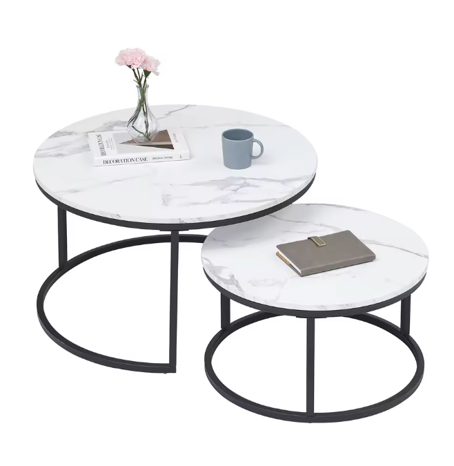 2-delige Ronde Salontafelset – Wit Marmerlook & Metaal