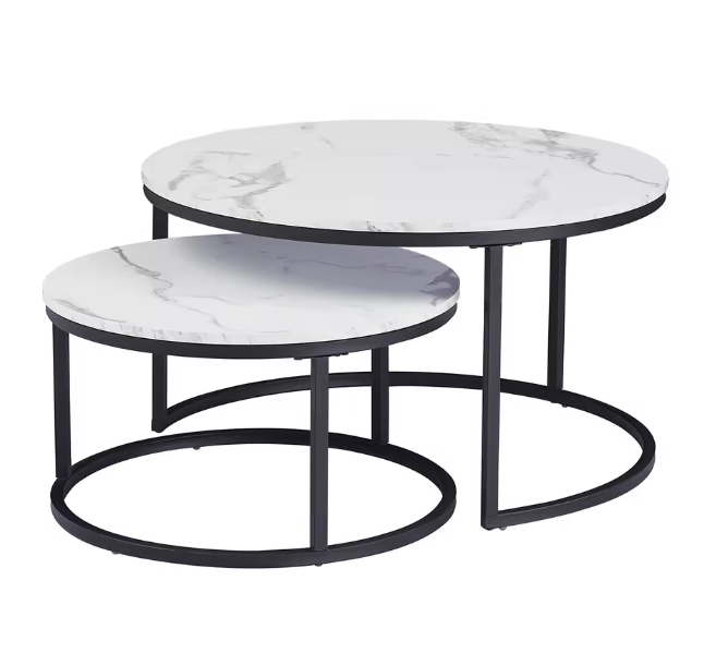 2-delige Ronde Salontafelset – Wit Marmerlook & Metaal