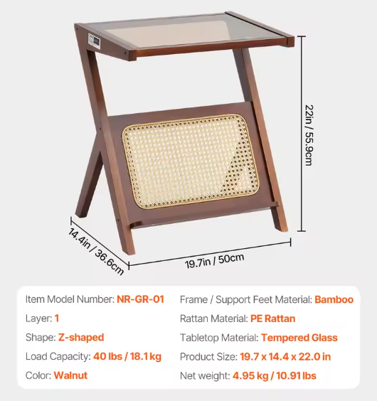Z-vormige rotan salontafel met glazen blad – 50 en 120cm