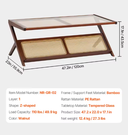 Z-vormige rotan salontafel met glazen blad – 50 en 120cm