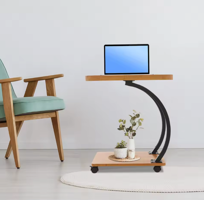 C-vormige bijzettafel met wielen en 2 niveaus – houtlook