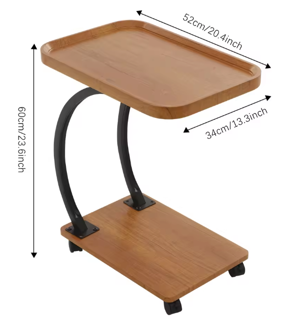 C-vormige bijzettafel met wielen en 2 niveaus – houtlook