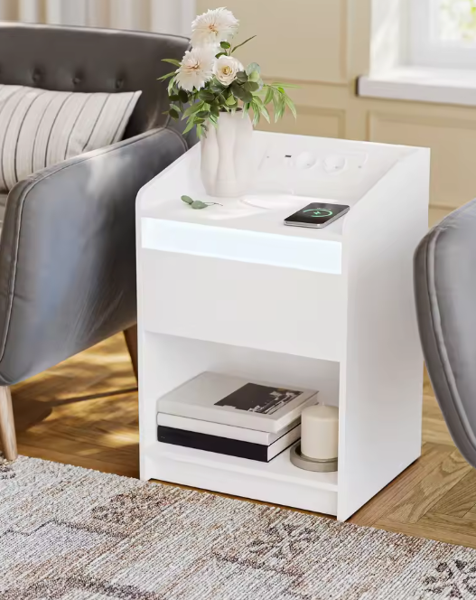 Nachtkastje met LED & Laadstation – 1 Lade & Opbergvak