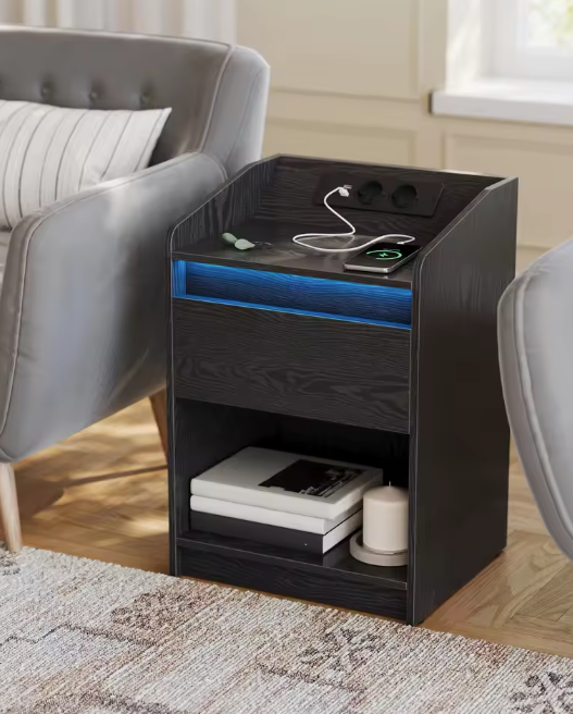 Nachtkastje met LED & Laadstation – 1 Lade & Opbergvak