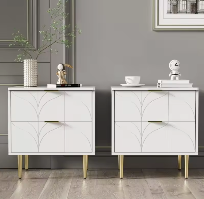 Nachtkastje met 2 Lades – Goudkleurige Poten & Bloemknoppen