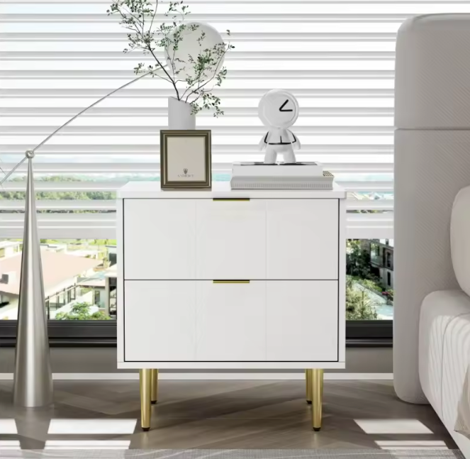 Nachtkastje met 2 Lades – Goudkleurige Poten & Bloemknoppen