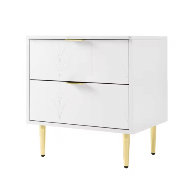 Nachtkastje met 2 Lades – Goudkleurige Poten & Bloemknoppen