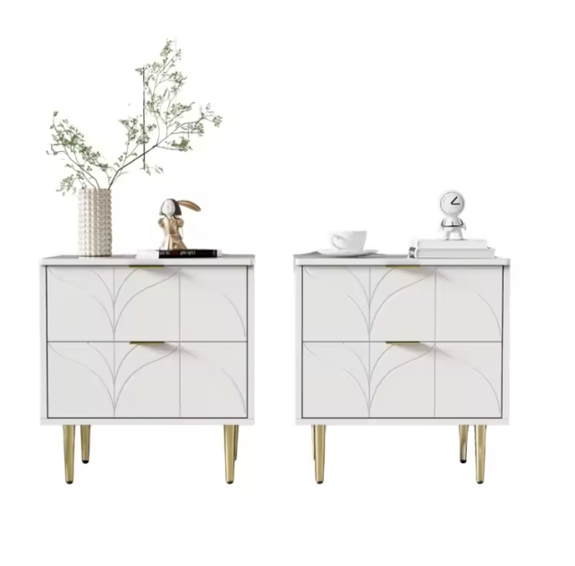 Nachtkastje met 2 Lades – Goudkleurige Poten & Bloemknoppen