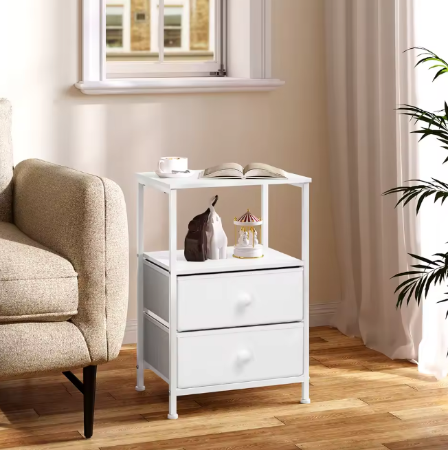 Nachtkastje met 2 Stoffen Lades – Houten Bijzettafel met Open Vak