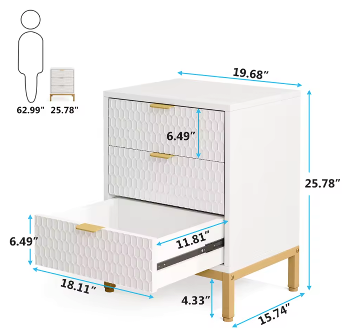 Modern Nachtkastje met 3 Lades – Wit & Goud, 65,5 cm Hoog
