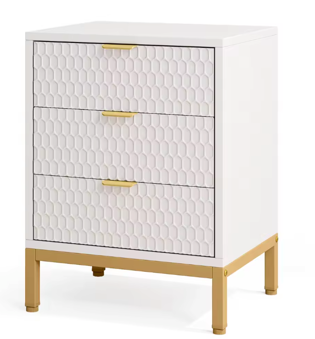 Modern Nachtkastje met 3 Lades – Wit & Goud, 65,5 cm Hoog