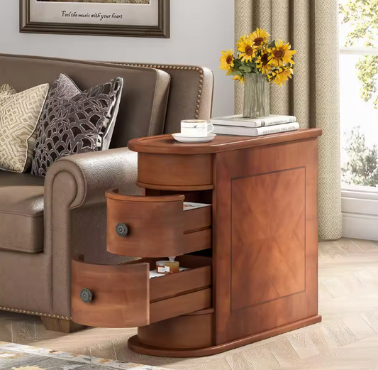 Ronde Houten Nachtkastje met 2 Lades – Klassiek & Volledig Gemonteerd